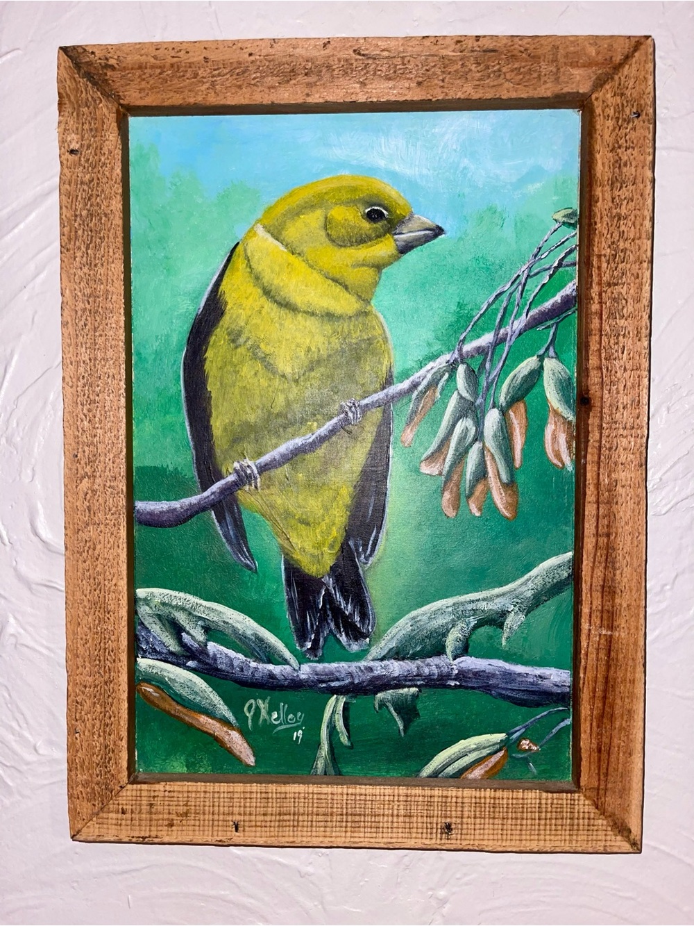Hand Painted Signed Original Prison Art Bright Yellow Bird Painting Framed